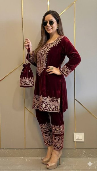 Comfy Red Velvet Fully Stitched with 3 4 Sleeves Kurti Pant at Wholesale Rate for Reseller  CO ORD Sets