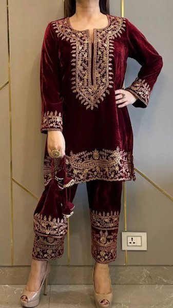 Comfy Red Velvet Fully Stitched with 3 4 Sleeves Kurti Pant at Wholesale Rate for Reseller  CO ORD Sets