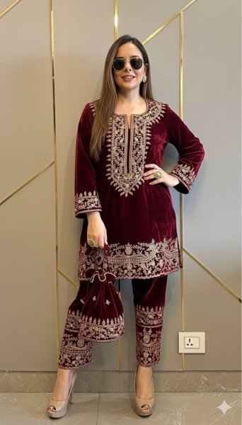 Comfy Red Velvet Fully Stitched with 3 4 Sleeves Kurti Pant at Wholesale Rate for Reseller  CO ORD Sets