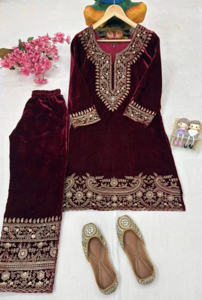Comfy Red Velvet Fully Stitched with 3 4 Sleeves Kurti Pant at Wholesale Rate for Reseller  CO ORD Sets