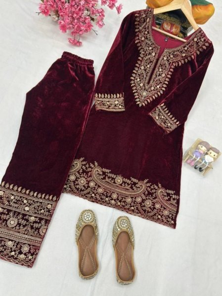 Comfy Red Velvet Fully Stitched with 3 4 Sleeves Kurti Pant at Wholesale Rate for Reseller  CO ORD Sets