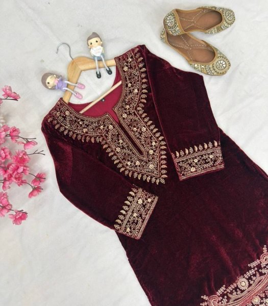 Comfy Red Velvet Fully Stitched with 3 4 Sleeves Kurti Pant at Wholesale Rate for Reseller  CO ORD Sets