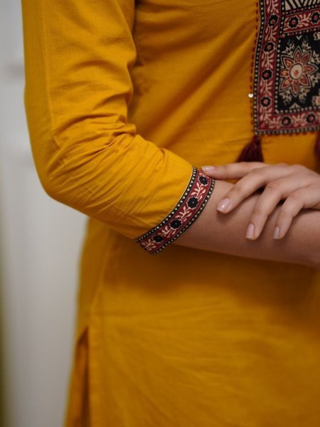 Comfy Yellow Rayon Slub Top   Bottom with Mul Cotton Dupatta   Handwork Neck at wholeasale rate   Straight Cut Long Kurtis