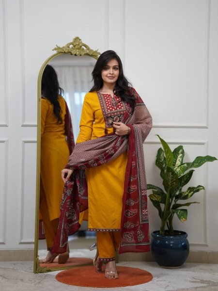 Comfy Yellow Rayon Slub Top   Bottom with Mul Cotton Dupatta   Handwork Neck at wholeasale rate   Straight Cut Long Kurtis