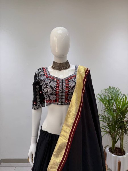 Compact Black Fully Stitched Printed Rayon Navratri Lehenga with 6 Meter Flair For Navratri Navratri Lehnega Choli