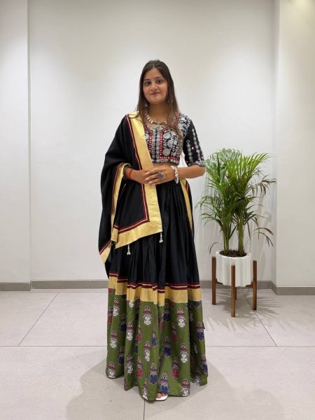 Compact Black Fully Stitched Printed Rayon Navratri Lehenga with 6 Meter Flair For Navratri Navratri Lehnega Choli