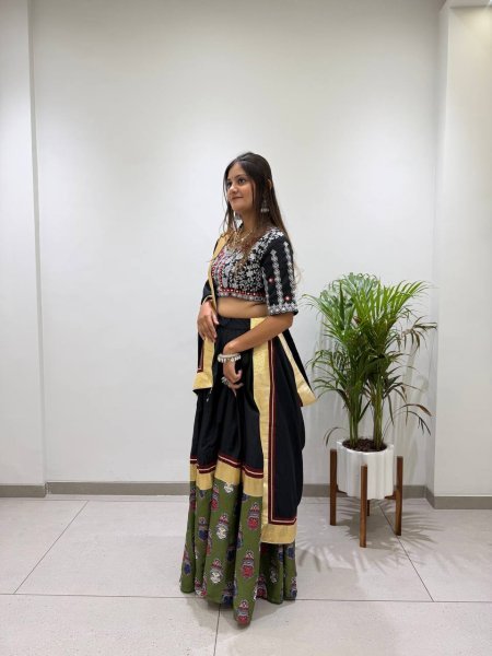 Compact Black Fully Stitched Printed Rayon Navratri Lehenga with 6 Meter Flair For Navratri Navratri Lehnega Choli