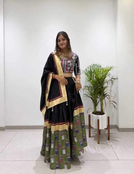 Compact Black Fully Stitched Printed Rayon Navratri Lehenga with 6 Meter Flair For Navratri Navratri Lehnega Choli