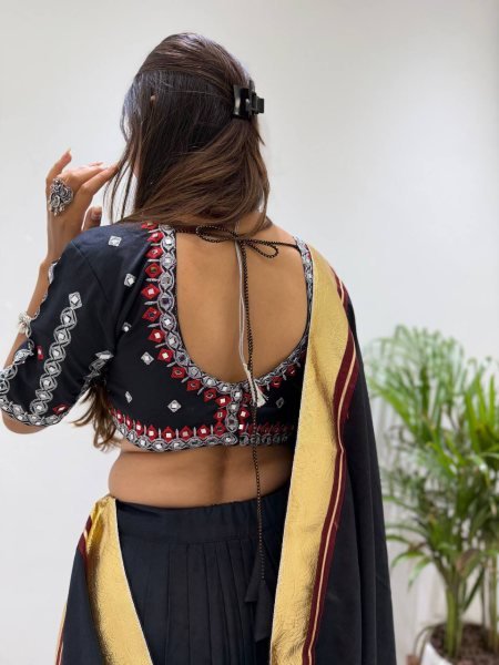 Compact Black Fully Stitched Printed Rayon Navratri Lehenga with 6 Meter Flair For Navratri Navratri Lehnega Choli