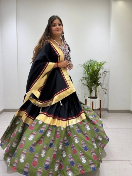 Compact Black Fully Stitched Printed Rayon Navratri Lehenga with 6 Meter Flair For Navratri Navratri Lehnega Choli