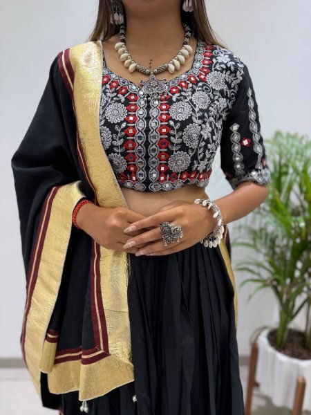 Compact Black Fully Stitched Printed Rayon Navratri Lehenga with 6 Meter Flair For Navratri Navratri Lehnega Choli