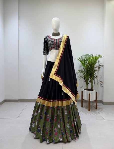 Compact Black Fully Stitched Printed Rayon Navratri Lehenga with 6 Meter Flair For Navratri Navratri Lehnega Choli