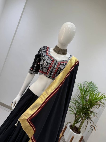 Compact Black Fully Stitched Printed Rayon Navratri Lehenga with 6 Meter Flair For Navratri Navratri Lehnega Choli