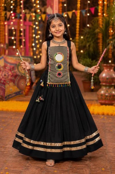 Compact Black Kids Navratri Chaniya Choli in Premium Roman Silk at Navrati Festival Girls Wear