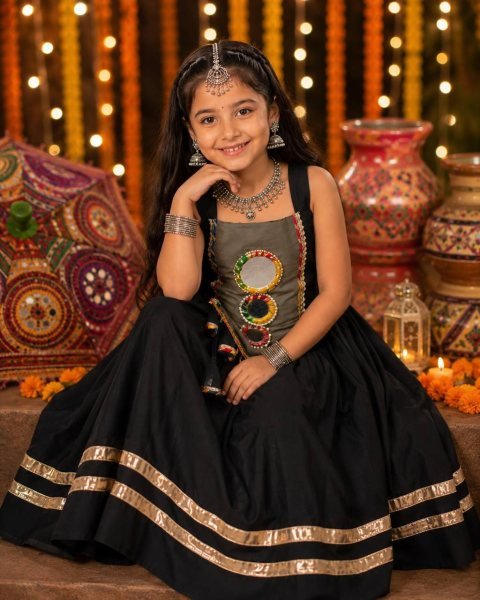 Compact Black Kids Navratri Chaniya Choli in Premium Roman Silk at Navrati Festival Girls Wear