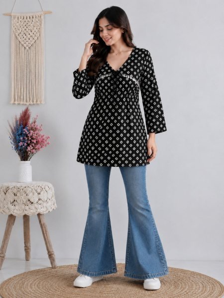 Compact Black Pure Cotton Sleeveless Kurti with Bell Sleeve Jacket Top 