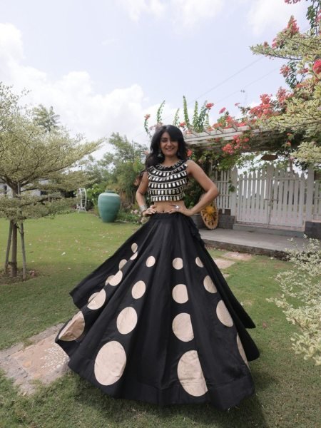 Compact Black Roman Silk Navratri Lehenga Choli with Mirror Lace Work and 6 Meter Flair