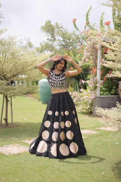 Compact Black Roman Silk Navratri Lehenga Choli with Mirror Lace Work and 6 Meter Flair Navratri Lehnega Choli