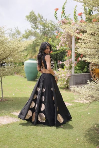 Compact Black Roman Silk Navratri Lehenga Choli with Mirror Lace Work and 6 Meter Flair Navratri Lehnega Choli