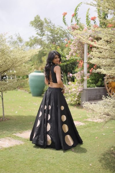 Compact Black Roman Silk Navratri Lehenga Choli with Mirror Lace Work and 6 Meter Flair Navratri Lehnega Choli