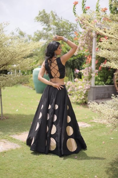 Compact Black Roman Silk Navratri Lehenga Choli with Mirror Lace Work and 6 Meter Flair Navratri Lehnega Choli