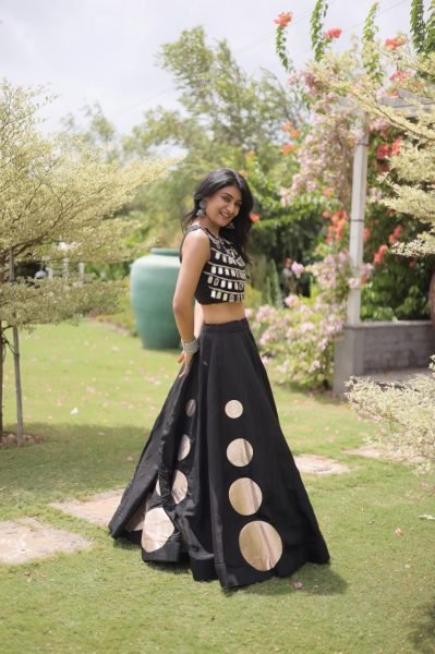 Compact Black Roman Silk Navratri Lehenga Choli with Mirror Lace Work and 6 Meter Flair Navratri Lehnega Choli