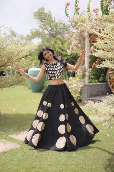 Compact Black Roman Silk Navratri Lehenga Choli with Mirror Lace Work and 6 Meter Flair Navratri Lehnega Choli