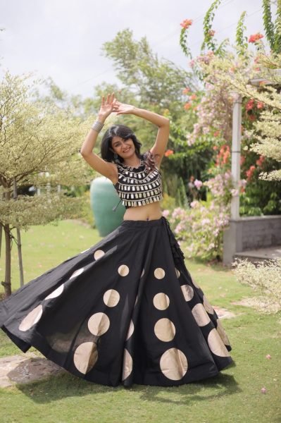 Compact Black Roman Silk Navratri Lehenga Choli with Mirror Lace Work and 6 Meter Flair Navratri Lehnega Choli