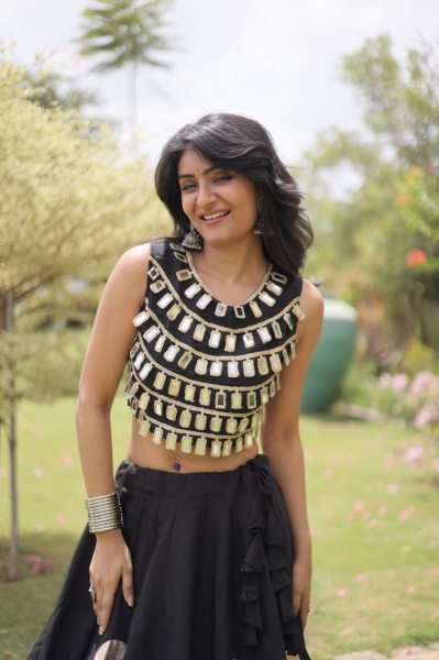 Compact Black Roman Silk Navratri Lehenga Choli with Mirror Lace Work and 6 Meter Flair Navratri Lehnega Choli