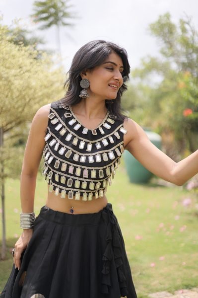 Compact Black Roman Silk Navratri Lehenga Choli with Mirror Lace Work and 6 Meter Flair Navratri Lehnega Choli