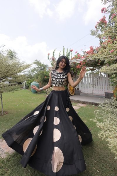 Compact Black Roman Silk Navratri Lehenga Choli with Mirror Lace Work and 6 Meter Flair Navratri Lehnega Choli
