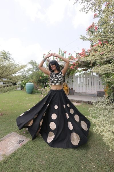 Compact Black Roman Silk Navratri Lehenga Choli with Mirror Lace Work and 6 Meter Flair Navratri Lehnega Choli
