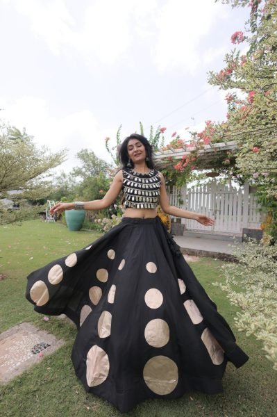 Compact Black Roman Silk Navratri Lehenga Choli with Mirror Lace Work and 6 Meter Flair Navratri Lehnega Choli