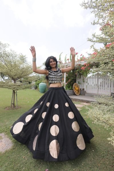 Compact Black Roman Silk Navratri Lehenga Choli with Mirror Lace Work and 6 Meter Flair Navratri Lehnega Choli