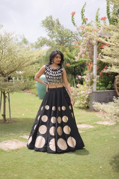 Compact Black Roman Silk Navratri Lehenga Choli with Mirror Lace Work and 6 Meter Flair Navratri Lehnega Choli