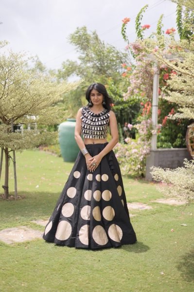 Compact Black Roman Silk Navratri Lehenga Choli with Mirror Lace Work and 6 Meter Flair Navratri Lehnega Choli