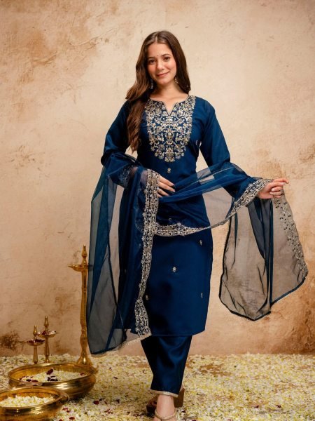 Compact Blue Chanderi Kurti Set with Embroidery for Office Wear at Wholesale Price Kurtis
