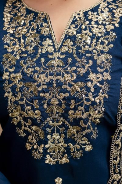Compact Blue Chanderi Kurti Set with Embroidery for Office Wear at Wholesale Price  Straight Cut Long Kurtis