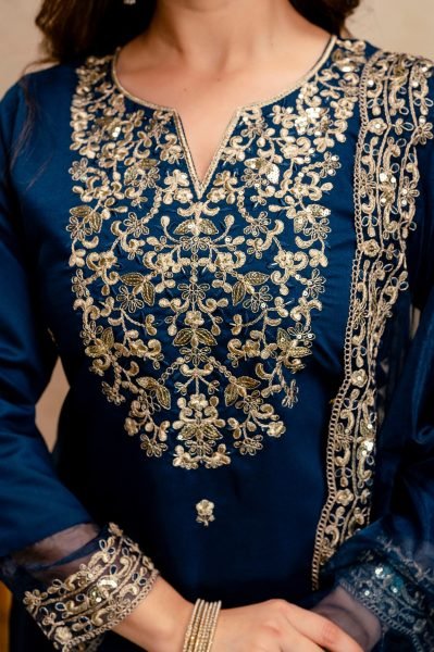 Compact Blue Chanderi Kurti Set with Embroidery for Office Wear at Wholesale Price  Straight Cut Long Kurtis