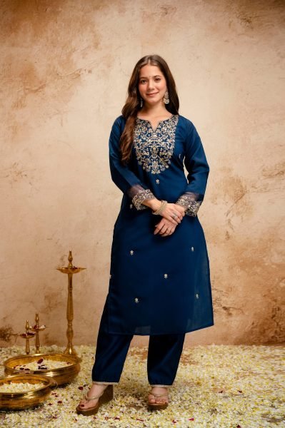 Compact Blue Chanderi Kurti Set with Embroidery for Office Wear at Wholesale Price  Straight Cut Long Kurtis
