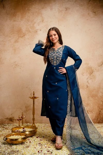 Compact Blue Chanderi Kurti Set with Embroidery for Office Wear at Wholesale Price  Straight Cut Long Kurtis