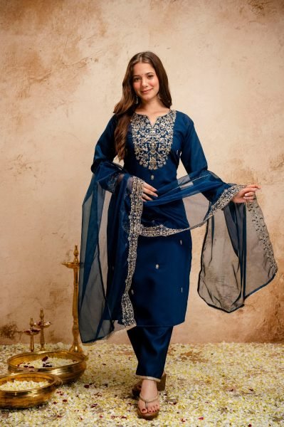 Compact Blue Chanderi Kurti Set with Embroidery for Office Wear at Wholesale Price  Straight Cut Long Kurtis