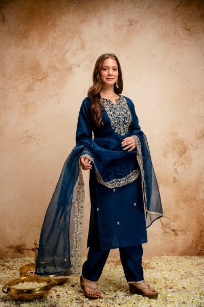 Compact Blue Chanderi Kurti Set with Embroidery for Office Wear at Wholesale Price  Straight Cut Long Kurtis