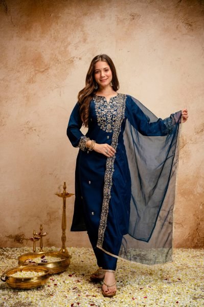 Compact Blue Chanderi Kurti Set with Embroidery for Office Wear at Wholesale Price  Straight Cut Long Kurtis