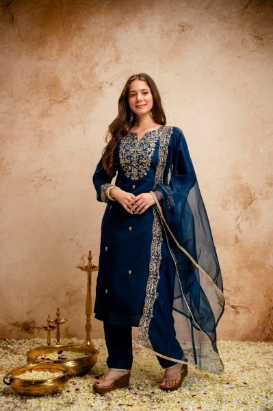 Compact Blue Chanderi Kurti Set with Embroidery for Office Wear at Wholesale Price  Straight Cut Long Kurtis