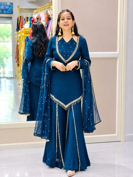 Compact Blue Designer Roman Glass Top Plazzo Set with Real Mirror Embroidery Ready To Wear Suit