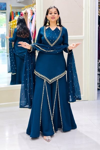 Compact Blue Designer Roman Glass Top Plazzo Set with Real Mirror Embroidery Ready To Wear Collection