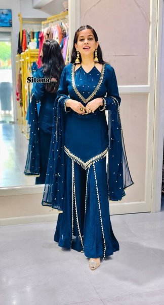 Compact Blue Designer Roman Glass Top Plazzo Set with Real Mirror Embroidery Ready To Wear Collection