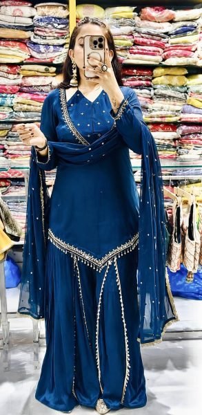 Compact Blue Designer Roman Glass Top Plazzo Set with Real Mirror Embroidery Ready To Wear Collection