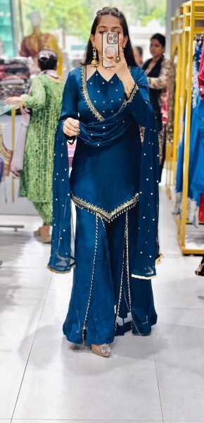 Compact Blue Designer Roman Glass Top Plazzo Set with Real Mirror Embroidery Ready To Wear Collection